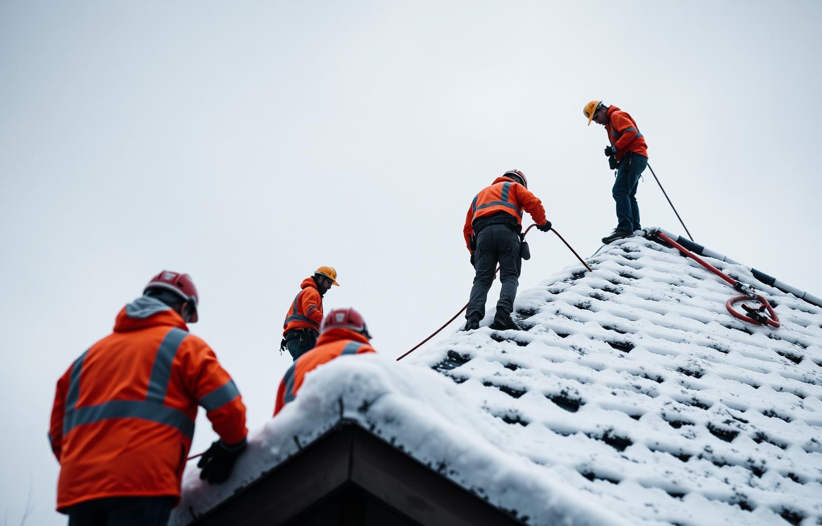 Core Shield roofing crew working on a snow-covered residential roof